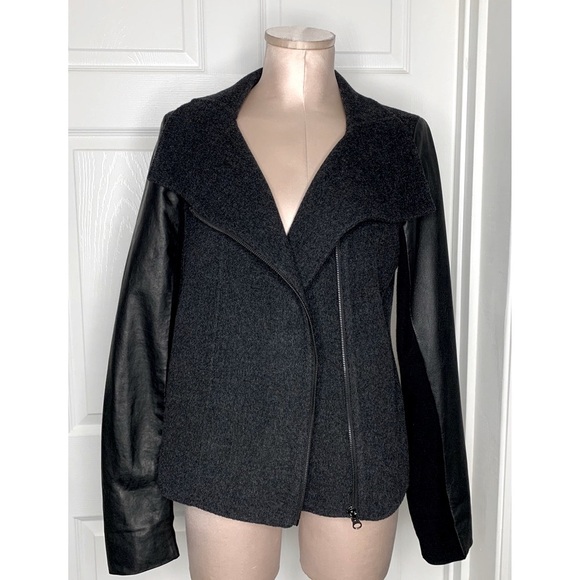 Vince Funnel Neck Jacket Wool w/ Leather Sleeves L